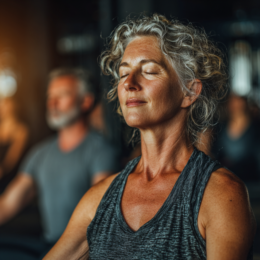 Instructor de yoga lucrând cu un grup de seniori într-un mediu natural și relaxant