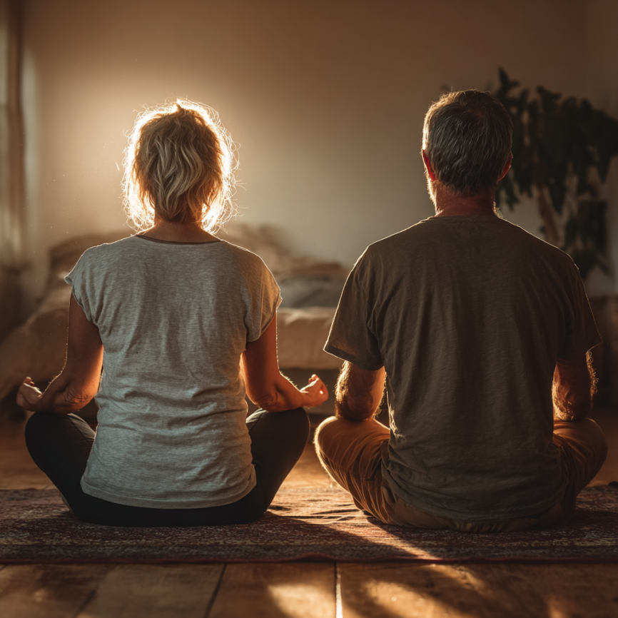 Grup de seniori relaxându-se după o sesiune de yoga în natură